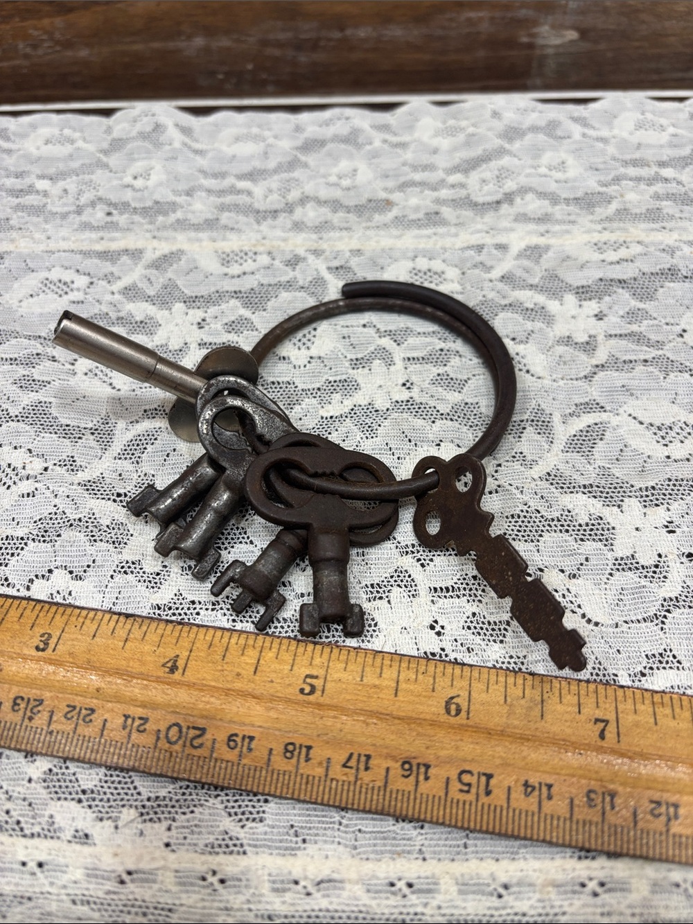 Vintage Rustic Brown Key Ring with Antique Metal Keys